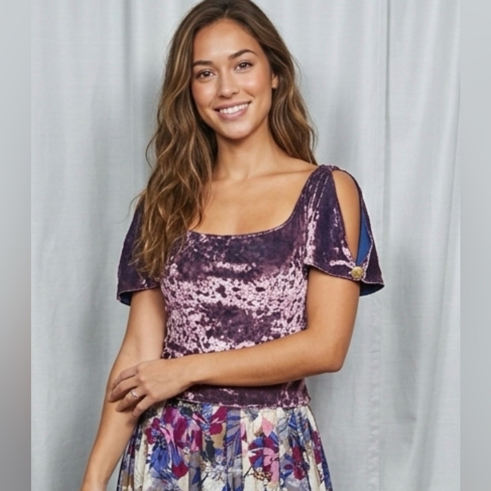 Vintage 90s Purple Crushed Velvet Cold Shoulder Top Gold Coin Button Detail Goth